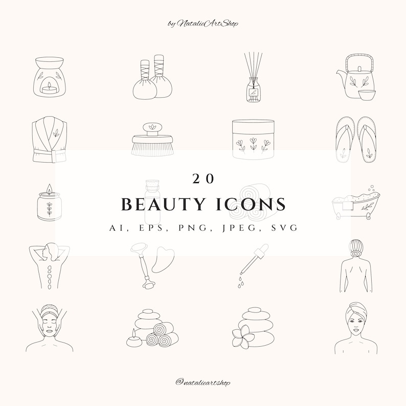May include: A set of 20 black and white line art icons depicting beauty and spa related items. The icons include a bath tub, a tea kettle, a candle, a face mask, a massage, a brush, a robe, a diffuser, a bottle of oil, a set of stones, a pair of flip flops, and more.