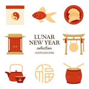Conjunto de ícones do Ano Novo Chinês - Ilustrações do Ano Novo Lunar - Conjunto de clipart do Ano Novo Lunar PNG - Download do pacote Svg - Download instantâneo - Arquivos de sublimação