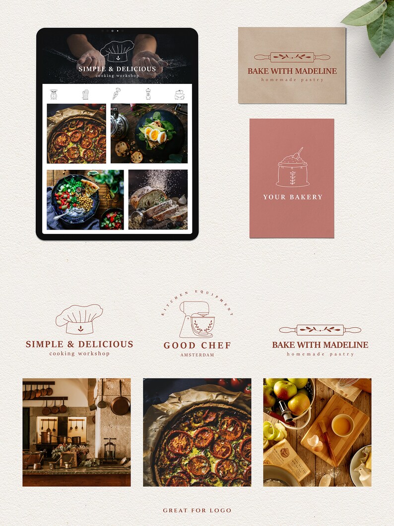 Puede incluir: Una colecci&oacute;n de logotipos para negocios de comida. Los logotipos son todos en un estilo minimalista con dibujos de l&iacute;neas y una paleta de colores r&uacute;stica. Los logotipos incluyen un gorro de chef, un rodillo, una batidora de cocina y una bolsa de harina. El texto en los logotipos incluye "Simple & Delicious", "Good Chef", "Bake with Madeline" y "Your Bakery".