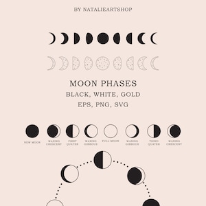 Maanfasen SVG set / Maan Illustraties PNG / Maanfase Clipart / Maancyclus / Hemelstelsel Goud / Logo Elementen / Volle Maan / Astrologie Hemels
