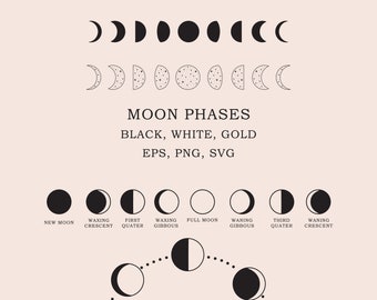 Moon phases SVG set/Moon Illustrations PNG/Moon Phase Clipart/Moon Cycle/Celestial Galaxy Gold/Logo Elements/Full Moon/Astrology Celestial