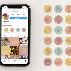 Puede incluir: La pantalla de un tel&eacute;fono inteligente que muestra un perfil de Instagram para AnitaFloral, una cuenta de cocina con 457 publicaciones, 76K seguidores y 809 seguidos. El perfil presenta una cuadr&iacute;cula de nueve im&aacute;genes relacionadas con la cocina, que incluyen un primer plano de un croissant, un arreglo floral y un taz&oacute;n de especias. El perfil tambi&eacute;n incluye un conjunto de 16 iconos circulares con dibujos lineales de varios art&iacute;culos relacionados con la cocina, como un batidor, un gorro de chef y una b&aacute;scula.