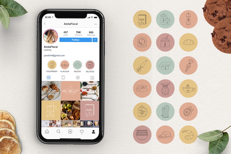 Puede incluir: La pantalla de un tel&eacute;fono inteligente que muestra un perfil de Instagram para AnitaFloral, una cuenta de cocina con 457 publicaciones, 76K seguidores y 809 seguidos. El perfil presenta una cuadr&iacute;cula de nueve im&aacute;genes relacionadas con la cocina, que incluyen un primer plano de un croissant, un arreglo floral y un taz&oacute;n de especias. El perfil tambi&eacute;n incluye un conjunto de 16 iconos circulares con dibujos lineales de varios art&iacute;culos relacionados con la cocina, como un batidor, un gorro de chef y una b&aacute;scula.