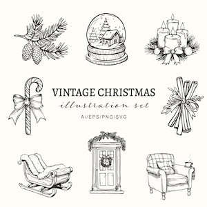 Illustration vintage de Noël dessinée à la main style vacances Clipart-rétro Noël SVG-bricolage Noël carte-art festif PNG-usage commercial