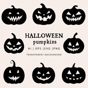 May include: Set of nine black and white Halloween pumpkin illustrations with various facial expressions. The text "HALLOWEEN pumpkins" is written in black above the pumpkins. The text "AI | EPS | SVG | PNG" is written in black below the pumpkins. The text "TRANSPARENT BACKGROUND" is written in black below the text "AI | EPS | SVG | PNG".