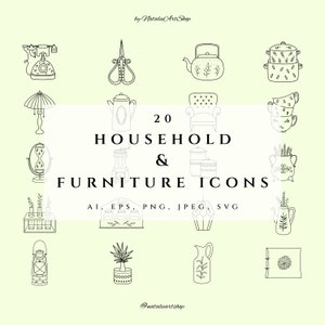 Set di icone per la casa e l'arredamento, Illustrazione disegnata a mano, Home clipart SVG, Instagram in evidenza copre PNG, Oggetto cucina EPS, Icona vettoriale