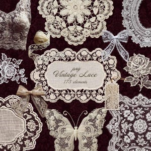 May include: A collection of vintage lace elements in various shapes and designs. The image features delicate lace doilies, a butterfly, a rose, and a decorative label with the text "Vintage Lace 175 elements". The lace is in shades of white and cream.