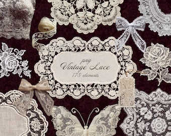 Vintage Lace Clipart PNG Set, Ivory Lace Borders, Frames, Doilies & Motifs, Ornamental Lace Elements, Wedding Invitation Decor|Scrapbook Kit