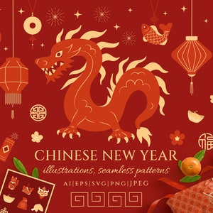 Jeu d'icônes du nouvel an chinois/Illustrations du nouvel an lunaire/zodiaque lunaire/zodiaque chinois/zodiaque animaux clipart/modèle transparent/papier numérique/SVG