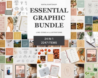 May include: A collage of images showcasing a graphic design bundle with 24 different sets of line icons and illustrations. The bundle includes 2247 items in total. The images show various designs, including flowers, animals, and geometric shapes.