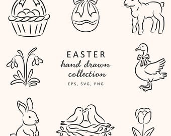 Hand Drawn Minimalist Easter Clipart, Spring Line Art, Hand Drawn Easter PNG, Digital Download, Bunny, Egg, Floral Outline Illustrations SVG