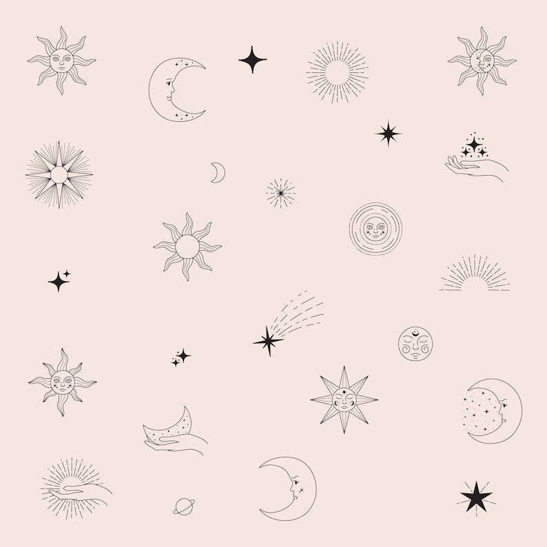 May include: A black and white illustration of celestial bodies, including suns, moons, stars, and shooting stars. The design is repeated on a light beige background.