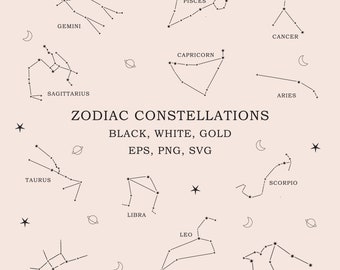Zodiac Constellations Clipart Set/Zodiac Symbols/Celestial Illustrations PNG/Astrology SVG/Horoscope Symbols/Astrological Signs Icons/Stars