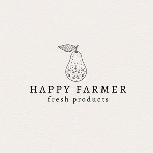 Pear premade logo design-Fruit logo-Vegan logo-Farm logo-Garden logo-Farmers market-Farming-Veggies-Gardening-Eco illustration-Organic-Food