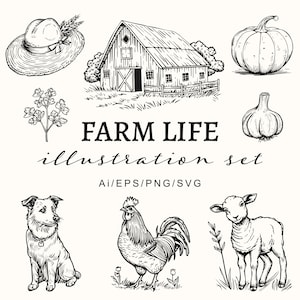 Conjunto de ilustração de fazenda - Clipart de fazenda rústica PNG - Clip art de jardinagem agrícola - Estilo desenhado à mão - SVG de pátio de fazenda - Arquivos vetoriais - Animais - Vegetais