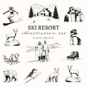 Set di illustrazioni di stazioni sciistiche, set di icone per avventure in montagna invernali, snowboard, grafica di stazioni sciistiche alpine, sport invernali, vacanze invernali, rustico