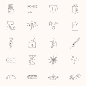 May include: A set of 18 black and white line drawings of baking and cooking supplies. The illustrations include a whisk, measuring cup, milk carton, stand mixer, measuring spoons, cookie cutters, a bag of flour, a rolling pin, a banana, a bag of sugar, a pastry bag, a scale, star anise, cloves, vanilla bean, and cinnamon sticks.