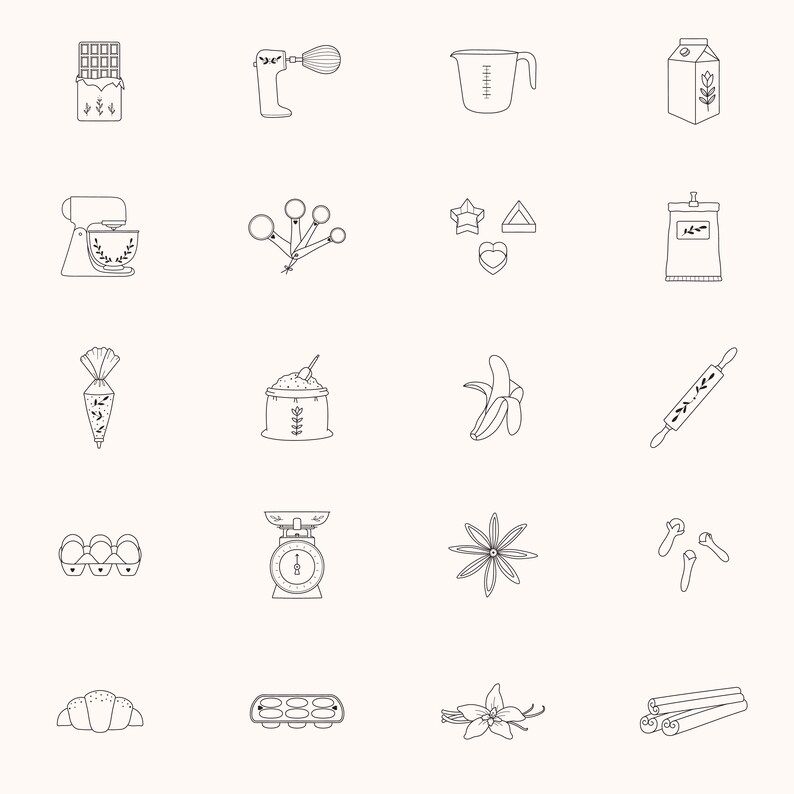 May include: A set of 18 black and white line drawings of baking and cooking supplies. The illustrations include a whisk, measuring cup, milk carton, stand mixer, measuring spoons, cookie cutters, a bag of flour, a rolling pin, a banana, a bag of sugar, a pastry bag, a scale, star anise, cloves, vanilla bean, and cinnamon sticks.