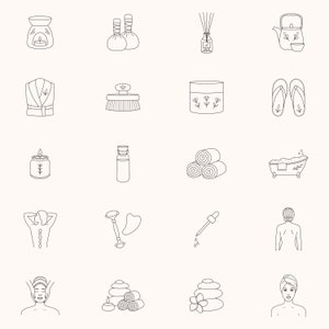 May include: A set of 16 black and white line drawings of spa and wellness items. The items include a candle, a bottle of oil, a bath tub, a robe, a brush, a jar of cream, a set of slippers, a set of towels, a set of stones, a set of incense sticks, a teapot, a set of massage balls, a set of massage tools, a person receiving a back massage, a person receiving a facial massage, and a person relaxing in a spa.