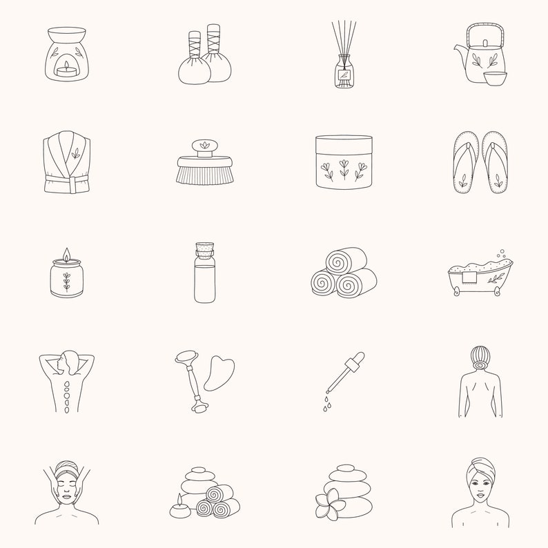 May include: A set of 16 black and white line drawings of spa and wellness items. The items include a candle, a bottle of oil, a bath tub, a robe, a brush, a jar of cream, a set of slippers, a set of towels, a set of stones, a set of incense sticks, a teapot, a set of massage balls, a set of massage tools, a person receiving a back massage, a person receiving a facial massage, and a person relaxing in a spa.
