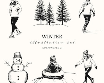 May include: Black and white illustrations of winter activities, including a person ice skating, a snowman, a person tubing down a hill, and a person ice skating. The illustrations are set against a white background.