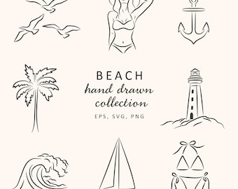 Conjunto de imágenes prediseñadas de arte lineal de playa, ilustraciones costeras de verano SVG, elementos oceánicos minimalistas PNG, descarga digital náutica, íconos marinos bohemios