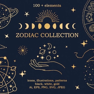 Znaki zodiaku i konstelacje-Ilustracje horoskopu SVG-Astrologia cyfrowy papier-Zestaw złotych symboli zodiaku PNG-Wektorowy niebiański clipart