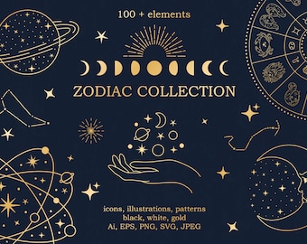 Zodiac signs and constellations-Horoscope illustrations SVG-Astrology digital paper-Gold Zodiac symbol set PNG-Vector Celestial clipart