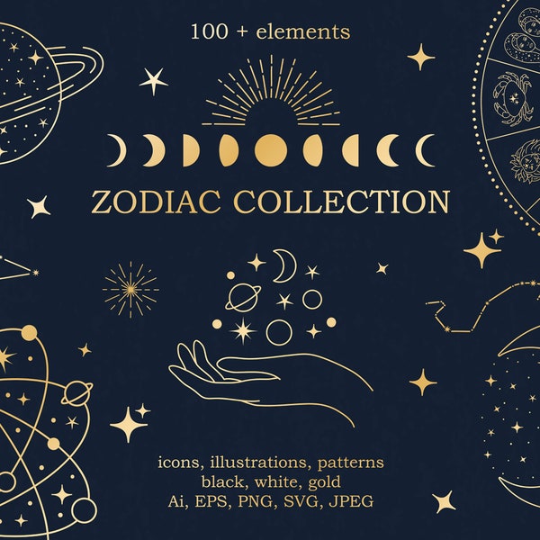 Zodiac signs and constellations-Horoscope illustrations SVG-Astrology digital paper-Gold Zodiac symbol set PNG-Vector Celestial clipart