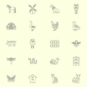 May include: A set of 16 black and white line drawings of farm animals, insects, and farm objects. The images include a horse, windmill, dog, cow, barn, goose, chicken, duck, pig, sheep, fence, bee, dragonfly, worm, snail, beehive, birdhouse, cat, and rabbit.