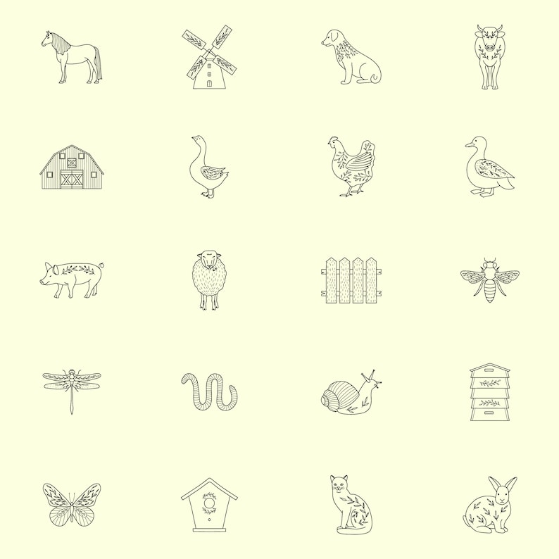May include: A set of 16 black and white line drawings of farm animals, insects, and farm objects. The images include a horse, windmill, dog, cow, barn, goose, chicken, duck, pig, sheep, fence, bee, dragonfly, worm, snail, beehive, birdhouse, cat, and rabbit.