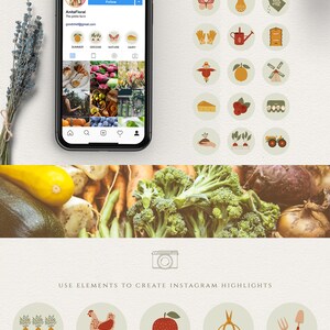 May include: A set of 20 illustrated icons for Instagram highlights, featuring a variety of gardening and farming themes. The icons are in a circle shape with a light green background and feature red, orange, yellow, and brown colors. The icons include a pair of scissors, a watering can, a tractor, a chicken, a red apple, a pair of gardening gloves, a house, a windmill, a butterfly, a pear, a bunch of carrots, a basket of eggs, a piece of cheese, a bunch of red berries, a boot, a scarecrow, a lemon, and a potted plant.