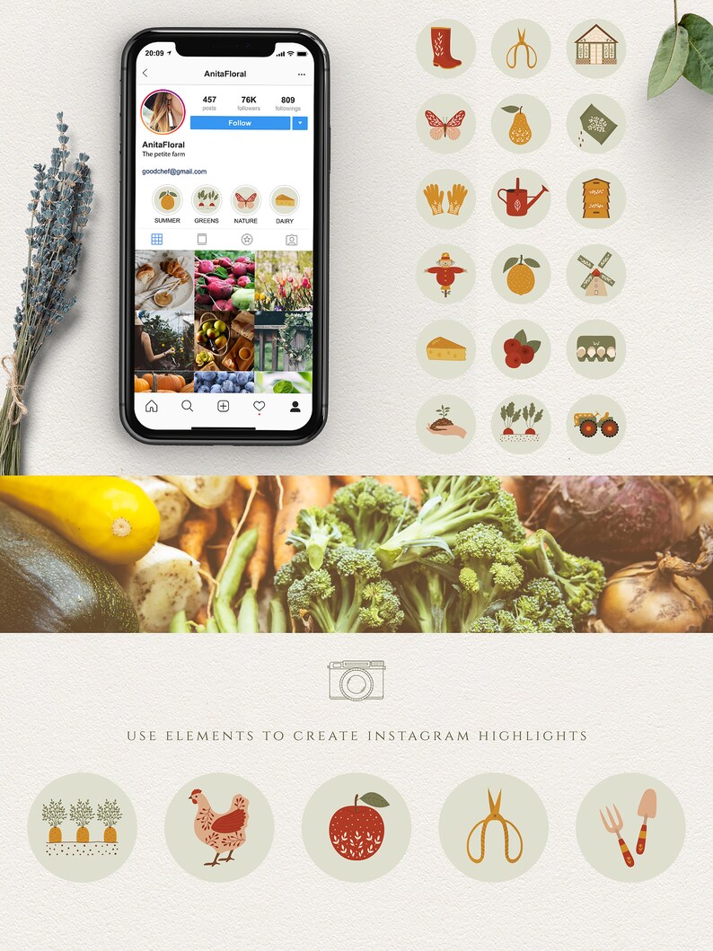 May include: A set of 20 illustrated icons for Instagram highlights, featuring a variety of gardening and farming themes. The icons are in a circle shape with a light green background and feature red, orange, yellow, and brown colors. The icons include a pair of scissors, a watering can, a tractor, a chicken, a red apple, a pair of gardening gloves, a house, a windmill, a butterfly, a pear, a bunch of carrots, a basket of eggs, a piece of cheese, a bunch of red berries, a boot, a scarecrow, a lemon, and a potted plant.
