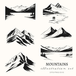 Puede incluir: Un conjunto de seis ilustraciones en blanco y negro de montañas, algunas con lagos y ríos. Las ilustraciones son de estilo dibujado a mano y son perfectas para usar en una variedad de proyectos, como tarjetas de felicitación, invitaciones y diseños de sitios web.  MOUNTAINS illustration set EPS/PNG/SVG