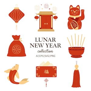 Ensemble d'icônes du nouvel an chinois-Illustrations du nouvel an lunaire-Nouvel an lunaire Clipart ensemble fichiers PNG-Svg téléchargement-téléchargement instantané-sublimation