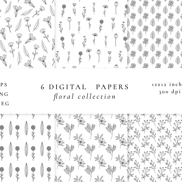 Digital Paper Set/Floral Seamless Patterns/Scrapbook paper pack/Digital Background/Printable Paper Set/Botanical Pattern Set/Commercial use