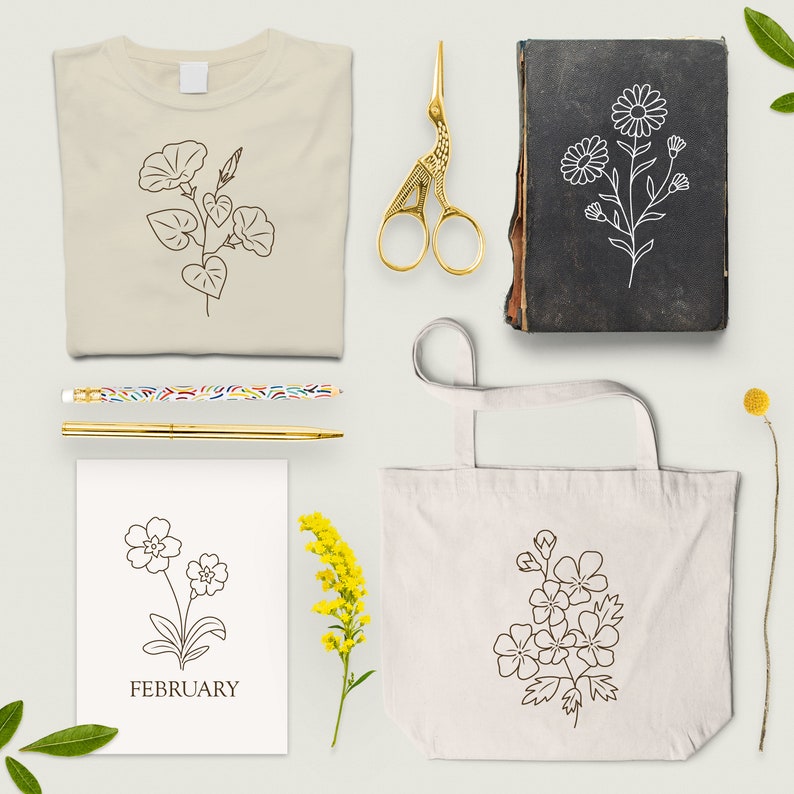 Birth month flower set/Birth month flowers PNG/Birthmonth flower SVG/Flower illustrations/Botanical clipart/Birth Flower/Line drawing/Floral image 3