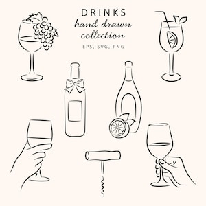 May include: A black and white hand-drawn collection of drinks. The image includes wine glasses, bottles, a cocktail, and a corkscrew. The text at the top reads "DRINKS hand drawn collection".