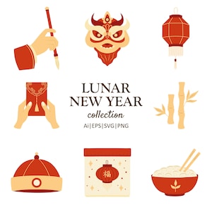 Ensemble d'icônes du nouvel an chinois-Illustrations du nouvel an lunaire-Nouvel an lunaire Clipart ensemble fichiers PNG-Svg téléchargement-téléchargement instantané-sublimation