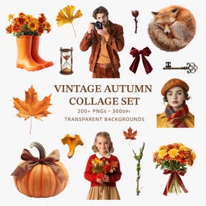 Vintage Autumn Collage PNG Set | Fall Clipart Elements | Cozy Retro Journaling, Scrapbook & Planner Stickers | Collage Creator Kit