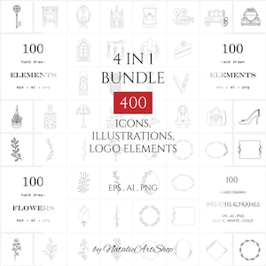 May include: A digital illustration set of 400 hand-drawn icons, illustrations, and logo elements. The set includes 100 elements, 100 flowers, and 100 wreaths and frames. The illustrations are in black and white and are available in EPS, AI, and PNG formats.