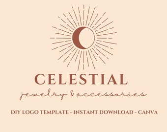 Plantilla de logotipo Canva/Diseño de logotipo editable/Logotipo celestial de bricolaje/Logotipo del sol/Logotipo mínimo/Magia/Logotipo boho/Logotipo de la luna/Místico/Creciente/Descarga instantánea