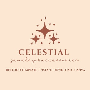 Könnte beinhalten: Eine Logo-Designvorlage für ein Schmuck- und Accessoire-Unternehmen namens "Celestial". Das Logo zeigt ein stilisiertes Bild von drei Sternen in einer dreieckigen Formation mit einem braunen Farbschema. Der Text "Celestial jewelry & accessories" wird unterhalb des Sternbildes angezeigt.