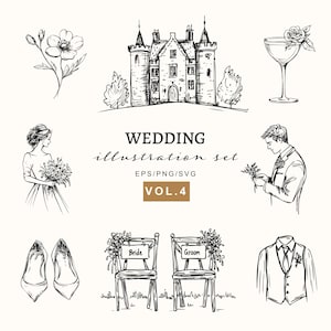 Paquete de ilustraciones elegantes para bodas, gráficos florales y de lugares para invitaciones, señalización, marca, PNG/vector de bodas, conjunto SVG para el día de San Valentín