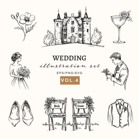 Elegant Wedding Illustration Bundle, Floral & Venue Graphics for Invitations, Signage, Branding, Wedding PNG/Vector, Valentine’s Day set SVG