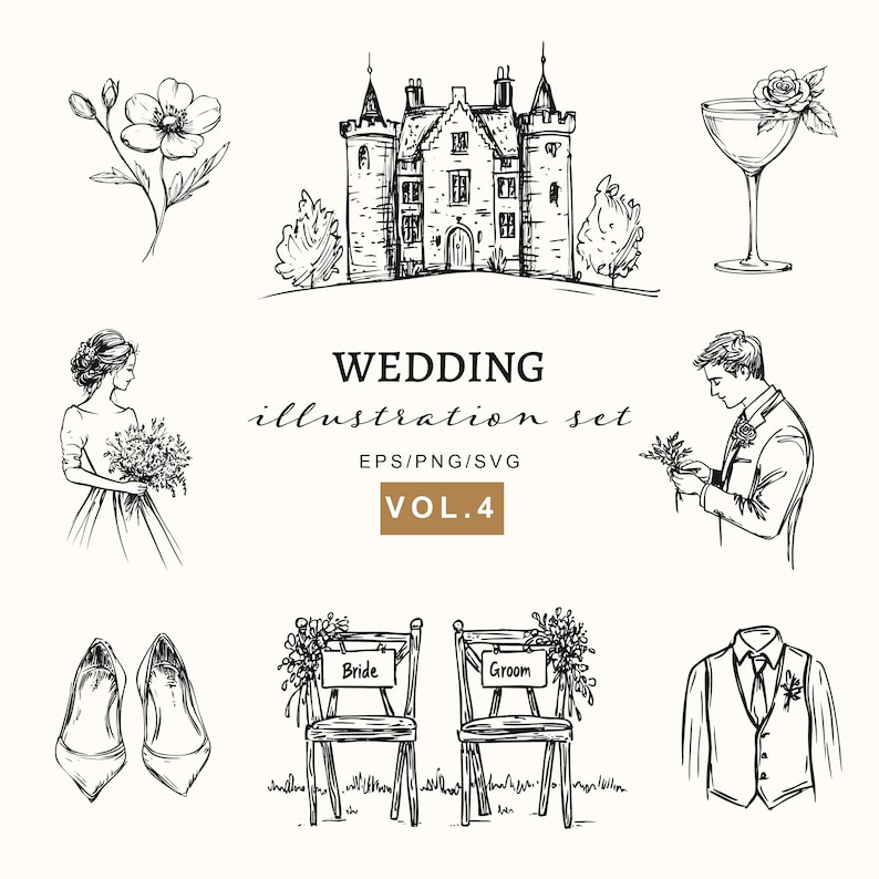 May include: A black and white illustration set of wedding elements, including a castle, a bride and groom, flowers, a cocktail glass, chairs, and a suit. The text "WEDDING illustration set EPS/PNG/SVG VOL. 4" is included.