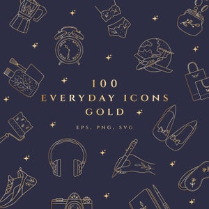Everyday Planner Line Icon Set Oro, Adesivo EPS, Oggetto di tutti i giorni, Programma giornaliero, Elemento logo, Adesivo PNG Clip Art, Evidenziazione Instagram di routine