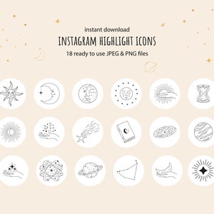 May include: Set of 18 celestial-themed Instagram highlight icons. The icons feature various celestial bodies, including the sun, moon, stars, planets, and constellations. The icons are in black and white and are set against a white background.