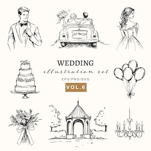 Paquete de ilustraciones de bodas de línea, gráficos florales y de lugares para invitaciones, señalización, marca, PNG/vector de boda, conjunto de San Valentín SVG