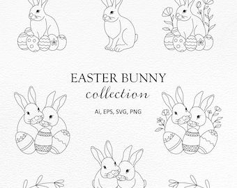 Easter clip art-Easter Bunny SVG-Rabbit-Easter eggs-Outline illustrations-Hand drawn-Line Art-Flowers-Vector-Individual PNG-Commercial use